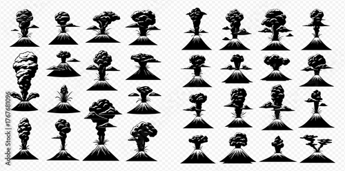 A collection of black and white silhouettes depicting various volcanic eruptions and mushroom clouds, showcasing different forms of explosive events.