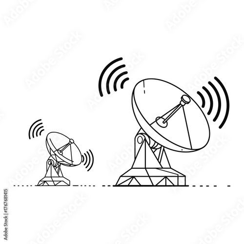 Two Satellite Dishes Communicating Line Art communication technology antenna signal transmission radio wave receiver transmitter