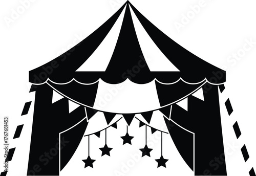Circus tent with curtains and hanging stars, vintage carnival pavilion illustration, festive entertainment design element, whimsical performance artwork, cad drawing flat vector illustration