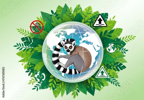 Lemur Resting on Globe Surrounded by Lush Green Foliage