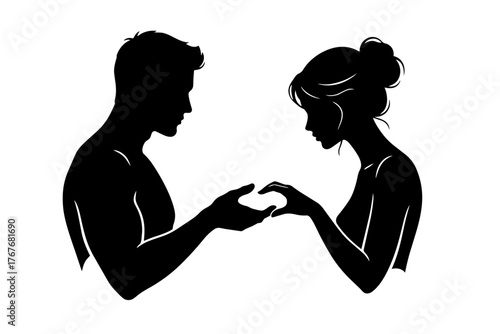 Silueta de una pareja romantica: hombre y mujer uno frente al otro, vista de perfil, romántico, elegante, blanco y negro, diseño minimalista, ilustración vectorial. 
