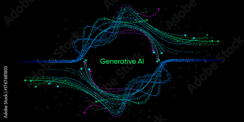 Illustration of abstract stream, AI brain concept. Artificial intelligence. Big data, technology, AI, data transfer, data flow, large language model, generative AI, LLM, NLP. NLG