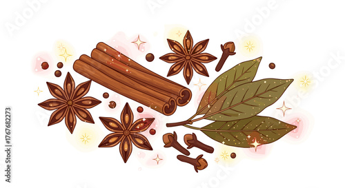 Kitchen spices including cinnamon, cloves, and bay leaves with sparkles  