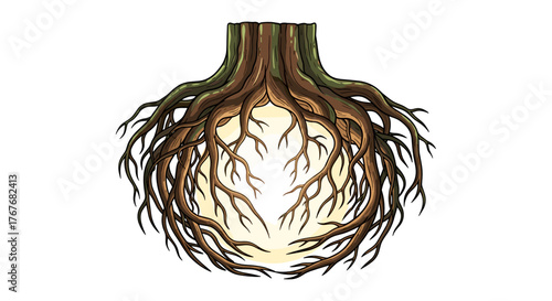 Tree roots forming a circular shape cradling glowing light  