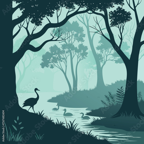 Stylized Forest River Landscape with Heron. Tranquil Swamp or Wooded Stream Vector Illustration.