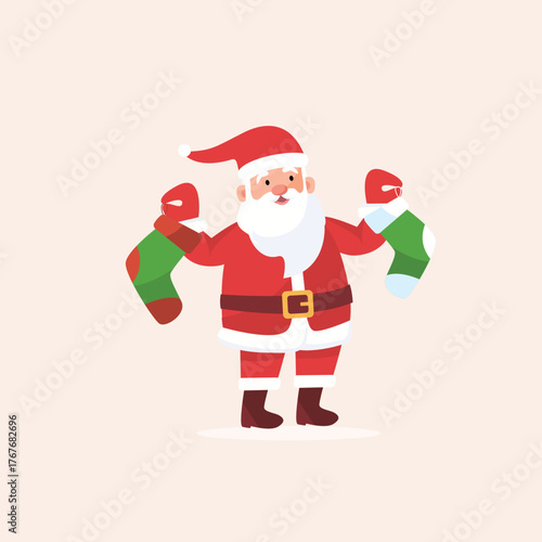 Santa Claus holding two Christmas stockings, a jovial character in a festive red suit and hat, ready to fill them with gifts during the holiday season