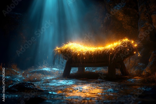 A symbolic digital artwork of an empty manger glowing under heavenly light, representing the nativity of Jesus.