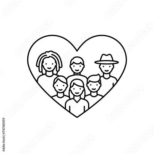 Heart shaped symbol of diverse people representing unity and togetherness.