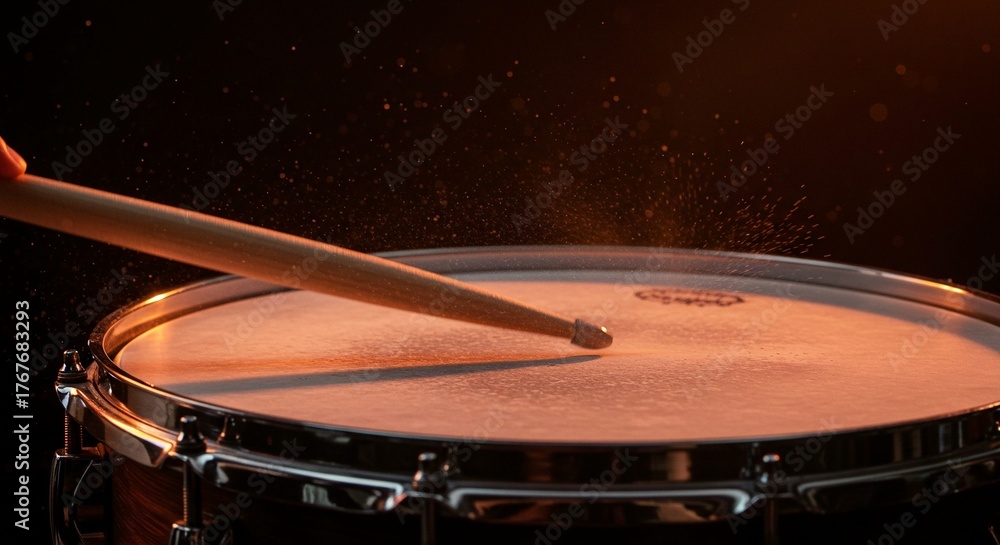Obraz premium A drumstick strikes a drum, creating a dynamic and vibrant visual of sound and percussion on dark background.