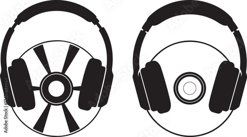 Two distinctive black silhouettes of headphones over compact discs silhouette
