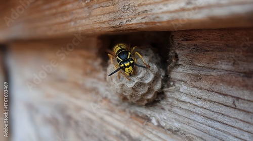 A yellow and black wasp inspects its small papery nest attached to weathered wooden beams