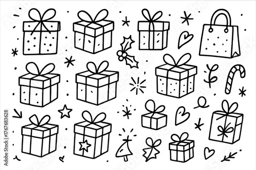 Hand-drawn doodle vector collection featuring a variety of Christmas gifts and festive boxes, isolated on white background  

