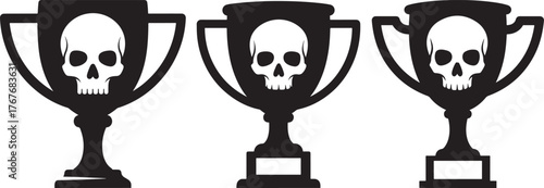 Three trophies featuring skull silhouettes symbolizing dark victories or macabre awards silhouette