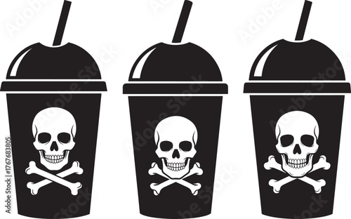 Three skull and crossbones decorated drink cups silhouette