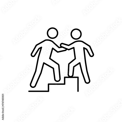 Two people helping each other climb stairs symbolizing teamwork and support.