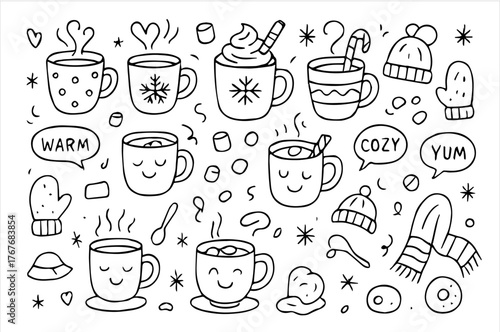 Hand-drawn doodle vector collection featuring hot chocolate mugs, marshmallows, and cozy winter drink elements, isolated on white background  
