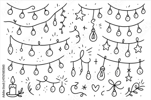 Hand-drawn doodle vector collection of Fairy Lights & String Bulbs, illustrated in a whimsical ink-pen doodle style, isolated on white background