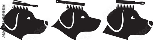 Three dog head silhouettes illustrating grooming stages with combs