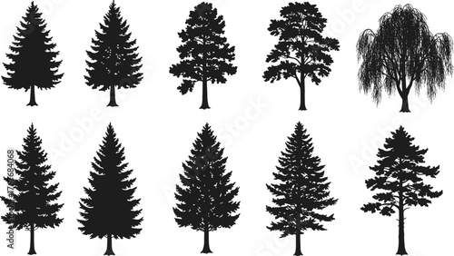 Tree silhouettes, forest shapes, botanical icons, nature design, evergreen outlines, landscape elements, seasonal trees, vector pack, foliage, illustratio