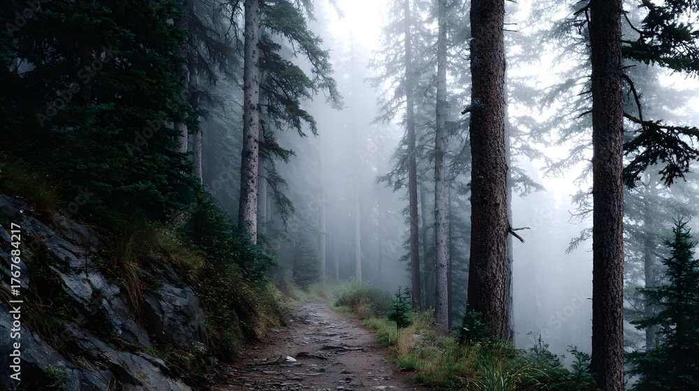 Fototapeta premium A misty forest path winds through tall atmospheric pine trees