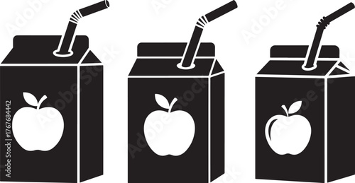Three black apple juice boxes with straws in a stylized silhouette
