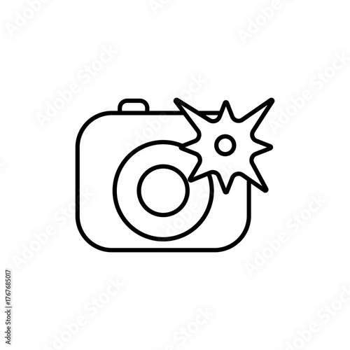 Simple black outline icon of a camera with flash symbol, representing photography, photo shoot, or capturing moments. Minimalist line art on white background.