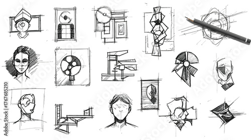 Sketches drawings pencil art design abstract geometric architectural portrait face