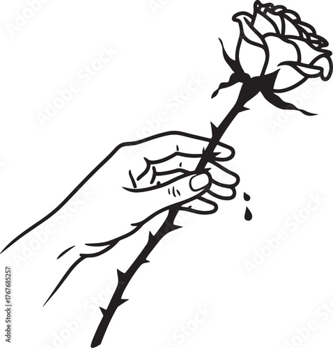 Hand Holding Rose Vector Illustration Elegant Monochrome Design Symbolizing Love and Beauty