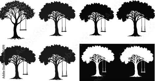 Tree swing silhouette, children play scene, nostalgic nature moment, black and white contrast, outdoor childhood memory, minimalist forest illustration, seasonal concept