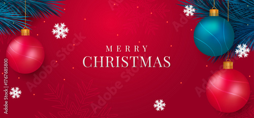 Merry Christmas invitation decorative banner design with fir branches and xmas ball vector illustration