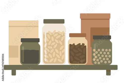 Reusable glass jars and paper containers filled with dry bulk food items stored on a kitchen shelf