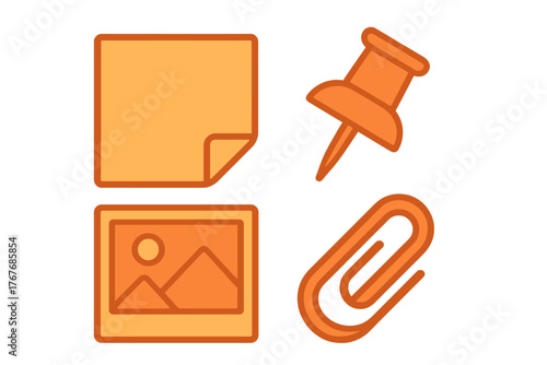 Essential office and digital organization items: sticky note, pushpin, image file, and paperclip