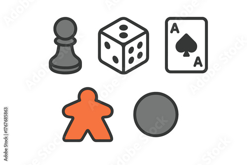 Essential gaming components including chess pawn, six-sided die, ace of spades, and player tokens