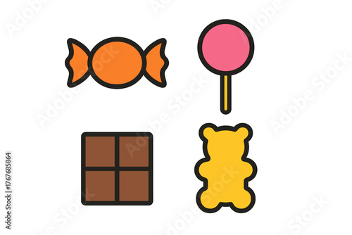 Colorful collection of popular sweets and desserts including wrapped candy, lollipop, chocolate, and gummy bear