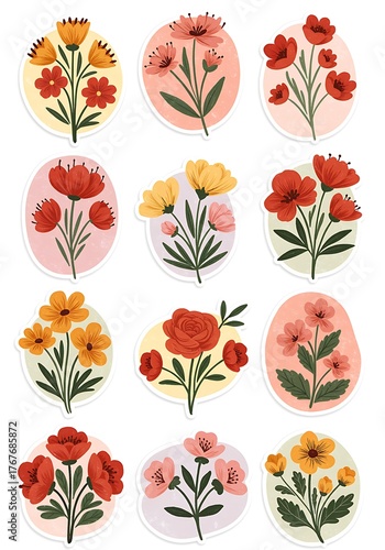 Collection of twelve colorful floral illustrations in a grid pattern