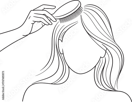 Hair Care Routine Brushing Long Hair Line Art Illustration Style on Transparent Layout