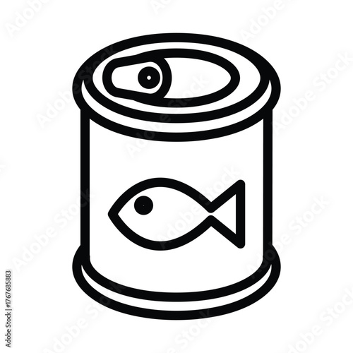 A black and white graphic depiction of a canned food item featuring a fish symbol on its label