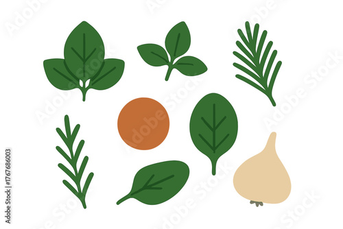 Collection of fresh cooking ingredients including spinach leaves rosemary and garlic