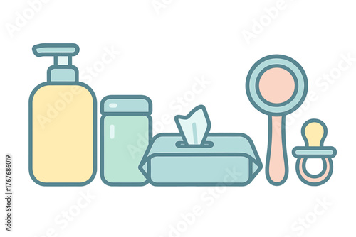Set of essential baby care items including lotion, wet wipes, rattle, and pacifier