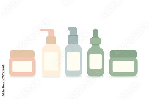 Minimalist set of five cosmetic product containers including jars, pump dispensers, and a dropper bottle