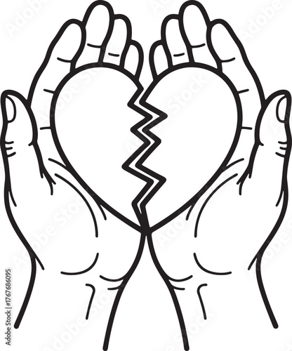 Holding Broken Heart Outline Illustration Caring Hands Symbol of Empathy Support