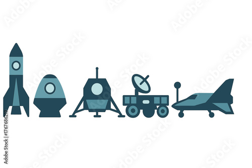 Collection of various space exploration vehicles and spacecraft in modern flat design