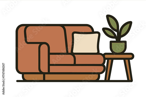 Comfortable brown sofa and cushion next to a small wooden side table with a potted green houseplant