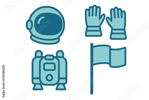 Astronaut helmet gloves jetpack and flag icons representing essential space exploration equipment