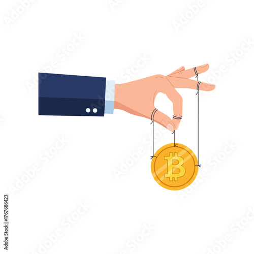 Hand controlling a Bitcoin cryptocurrency coin like a puppet with strings, financial concept, financial market manipulation