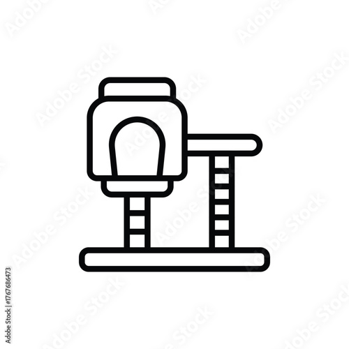 A black and white lineart illustration depicts a cat tree A platform rests above two supporting posts A towerlike structure with a curved opening sits atop one post