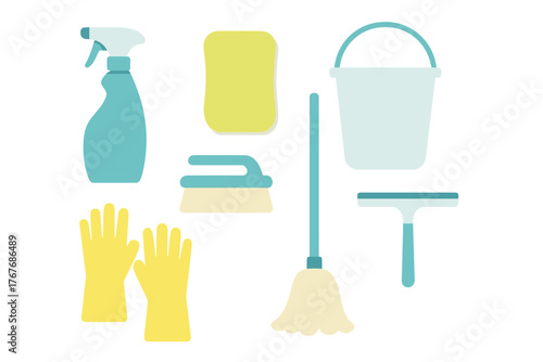 Essential household cleaning supplies including spray bottle, sponge, mop, bucket, and rubber gloves