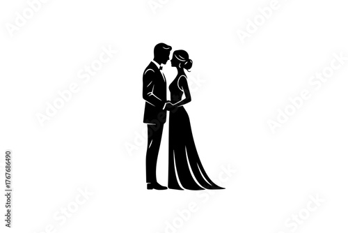 Silueta de una pareja romantica: hombre y mujer uno frente al otro, vista de perfil, romántico, elegante, blanco y negro, diseño minimalista, ilustración vectorial. 