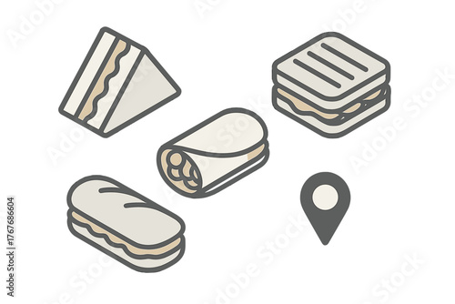 Isometric set of sandwiches wrap sub and club with a location map pin symbol