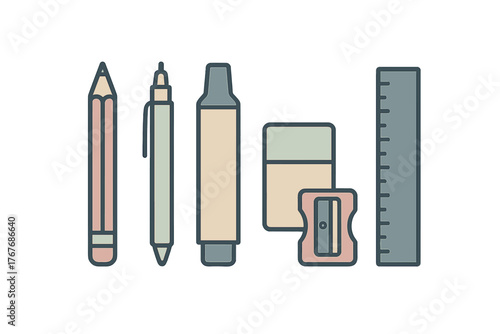 Basic school and office stationery set including pencil pen marker eraser sharpener and ruler